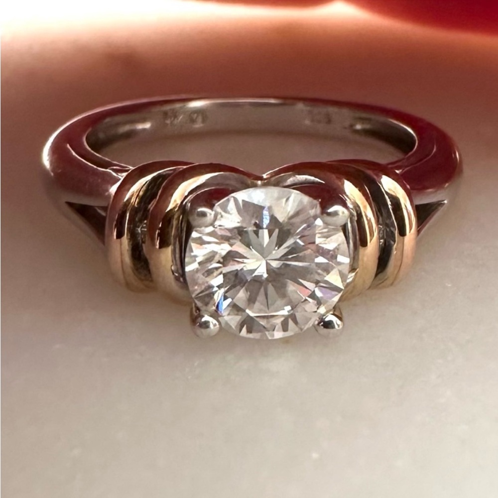 Moissanite 1.00ct DEW Solitaire Platineve Sterling Silver Ring with 14k Gold